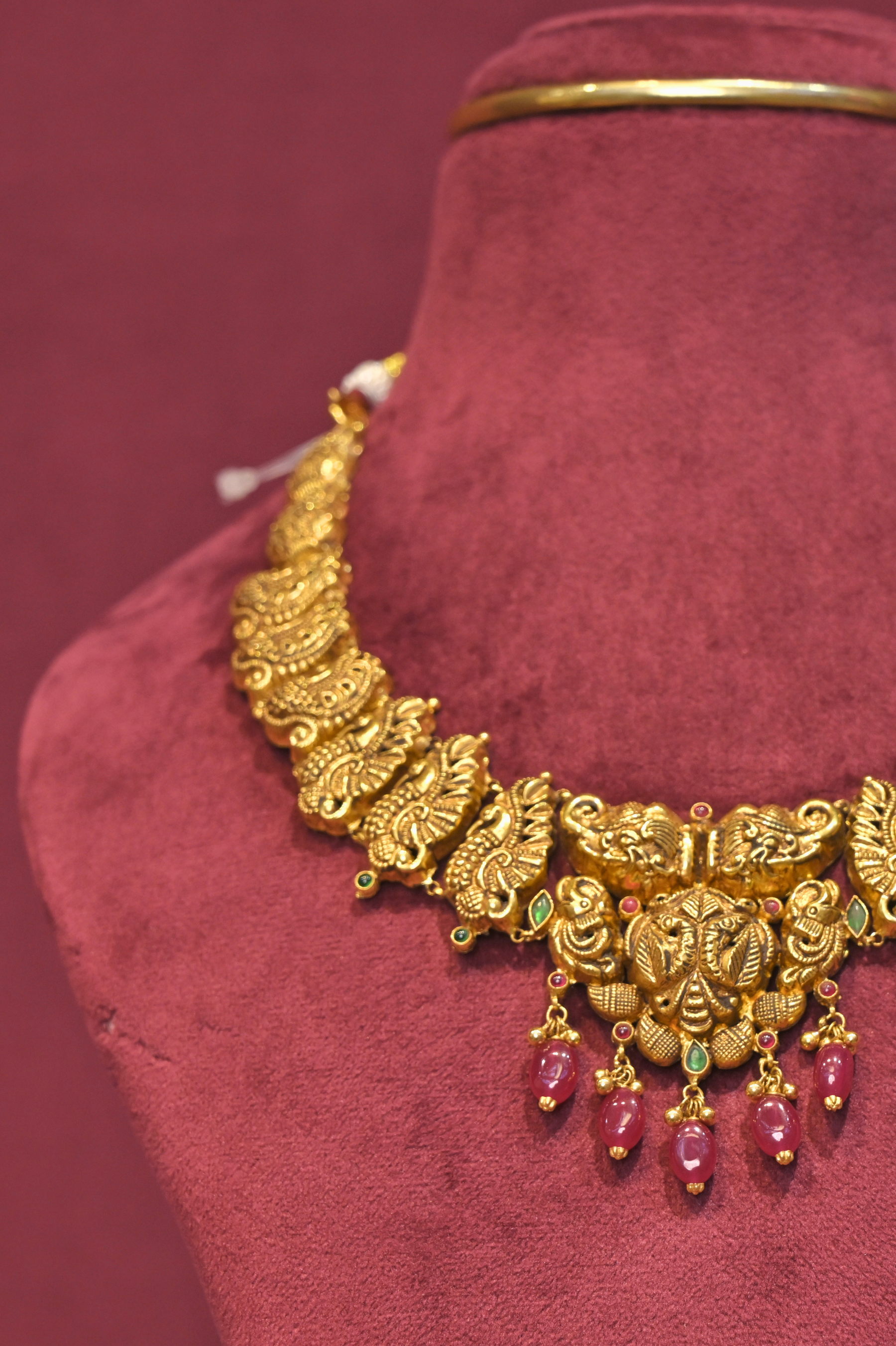 Peacock Temple Choker Necklace with Ruby Drop Accents