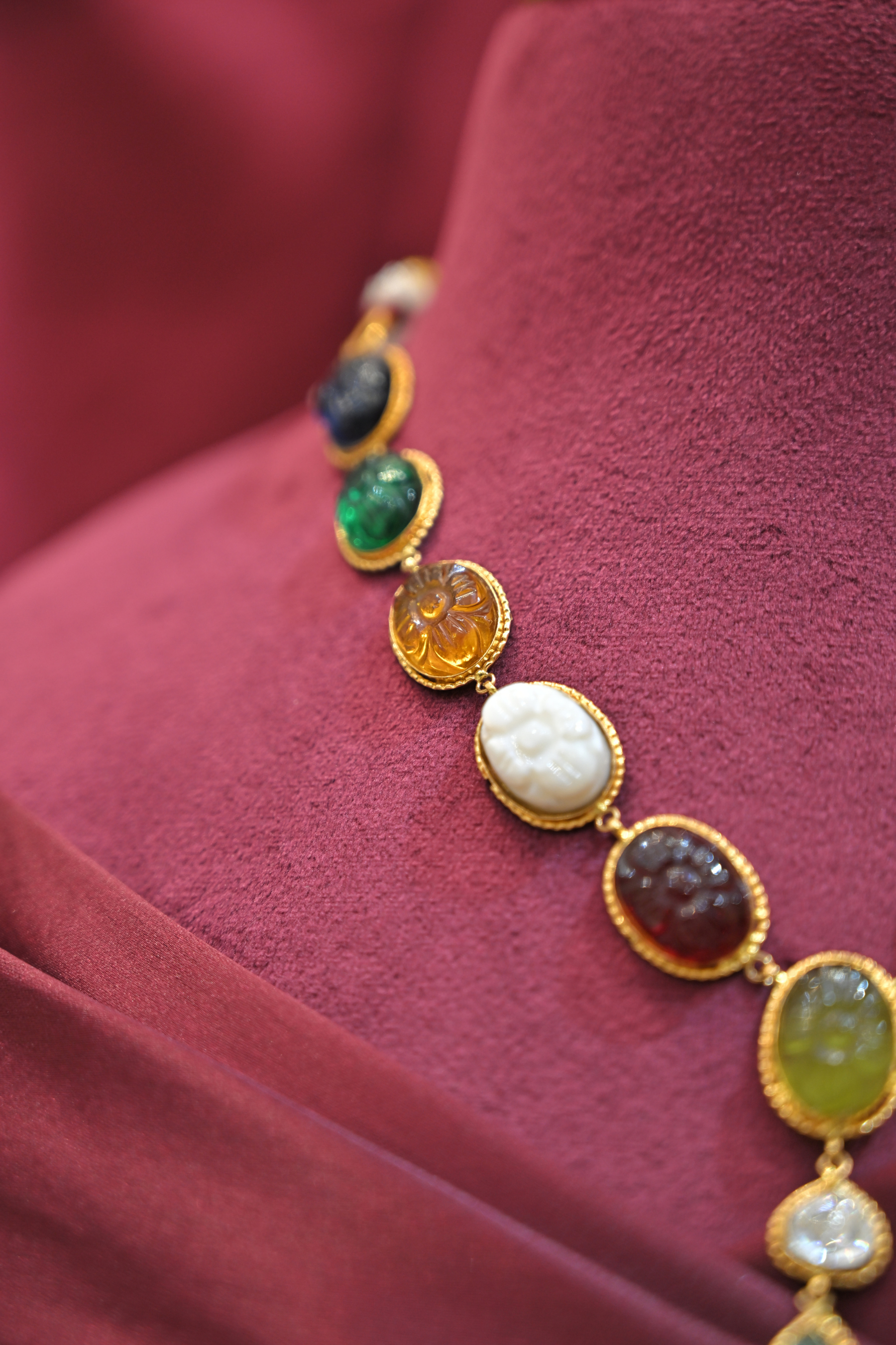 Multicolor Floral Motif Statement Necklace with Green Drop Pendant