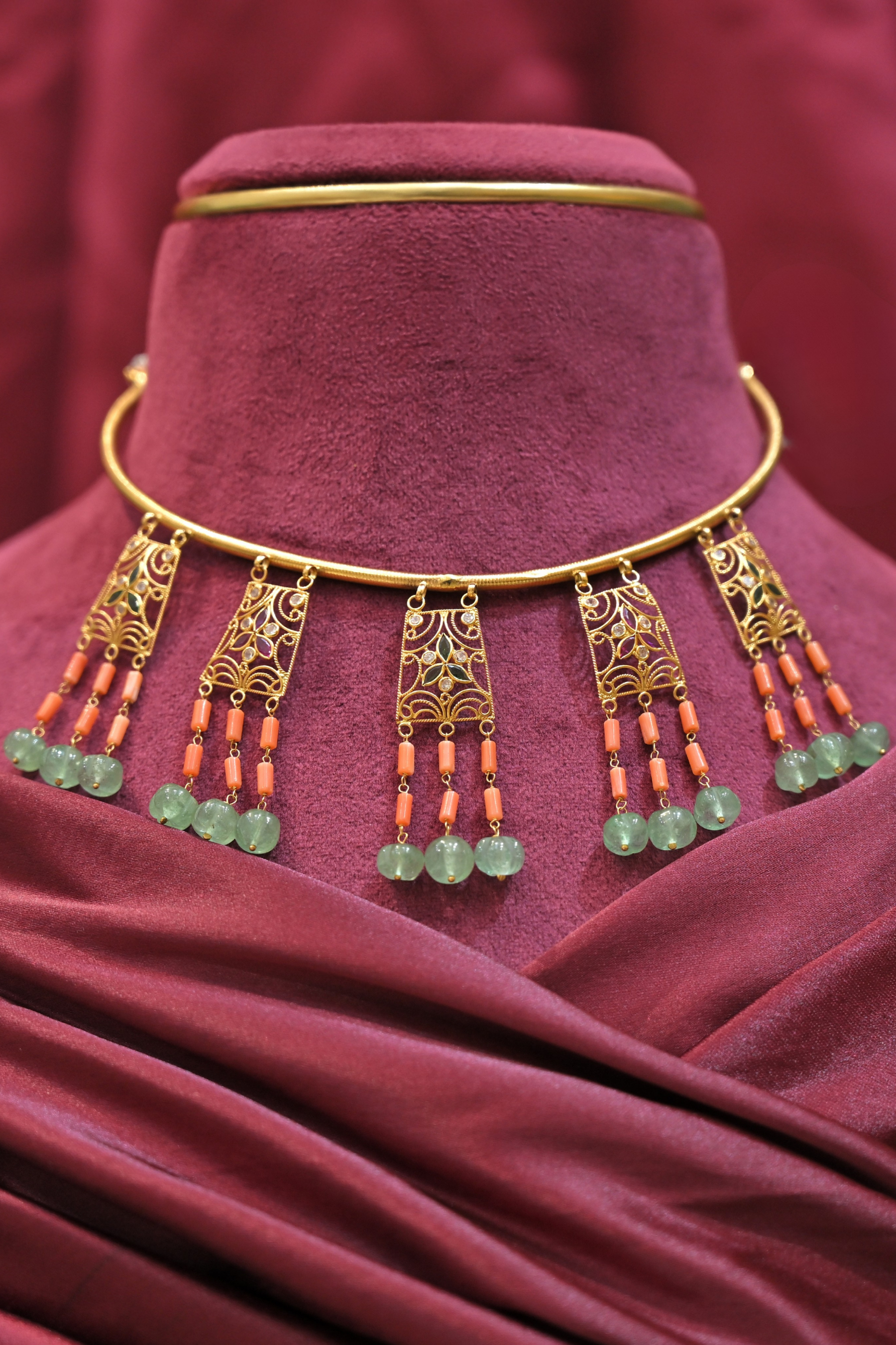 Vintage Filigree Tassel Choker Necklace with Green Bead Accents