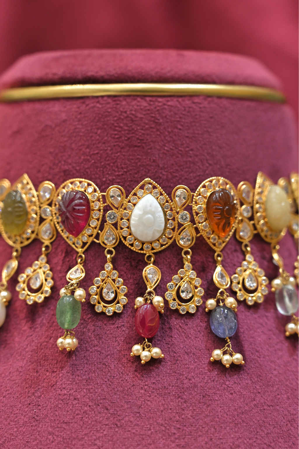 Multicolor Gem Motif Statement Choker Necklace with Dangling Charms