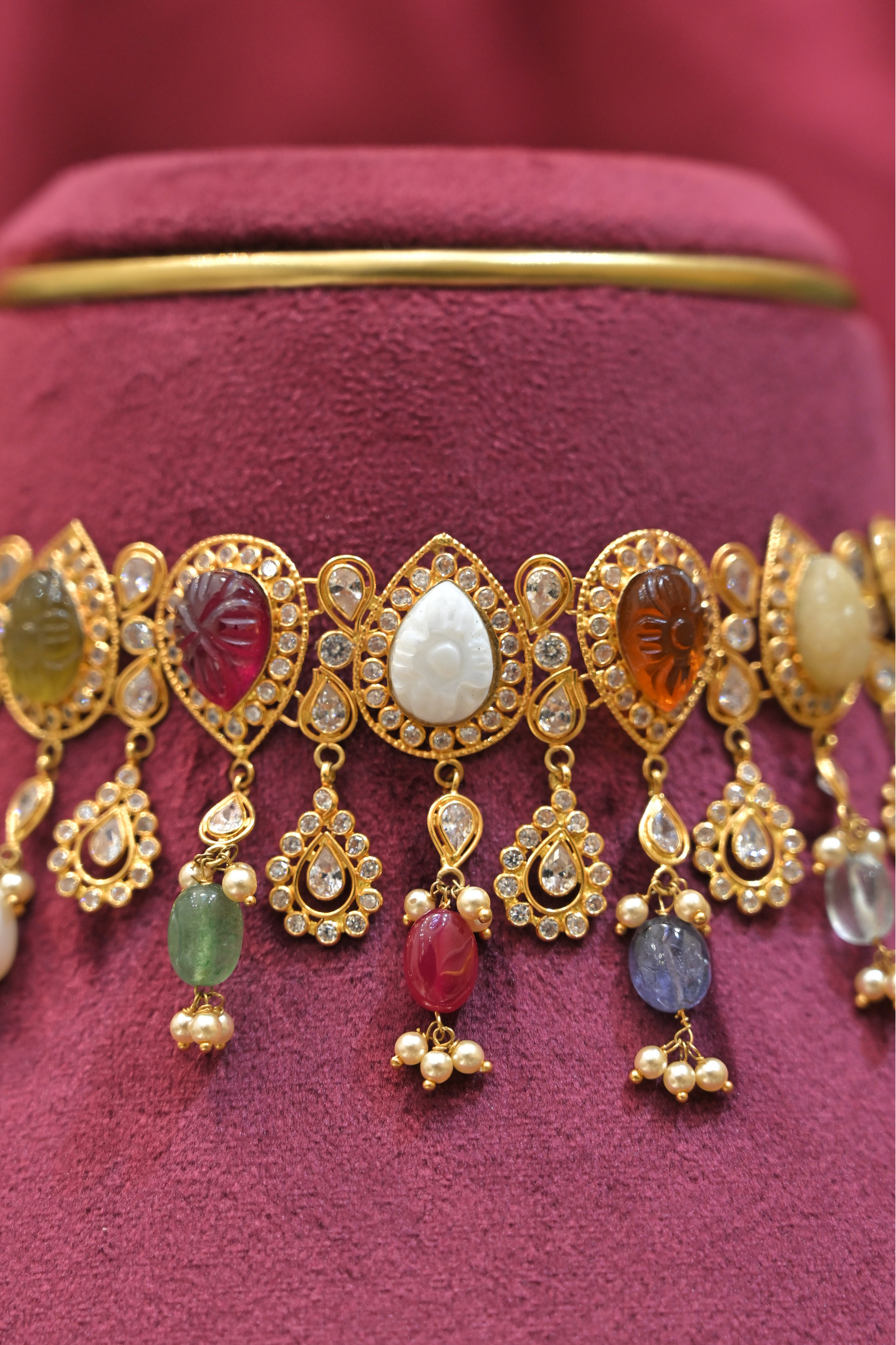 Multicolor Gem Motif Statement Choker Necklace with Dangling Charms