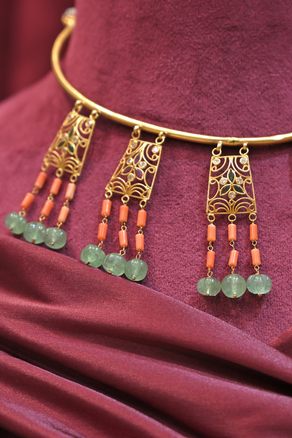 Vintage Filigree Tassel Choker Necklace with Green Bead Accents