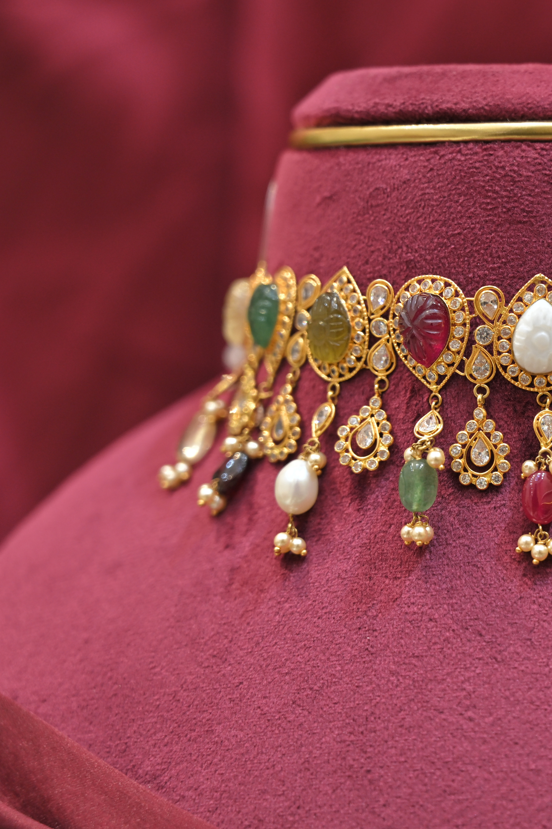 Multicolor Gem Motif Statement Choker Necklace with Dangling Charms