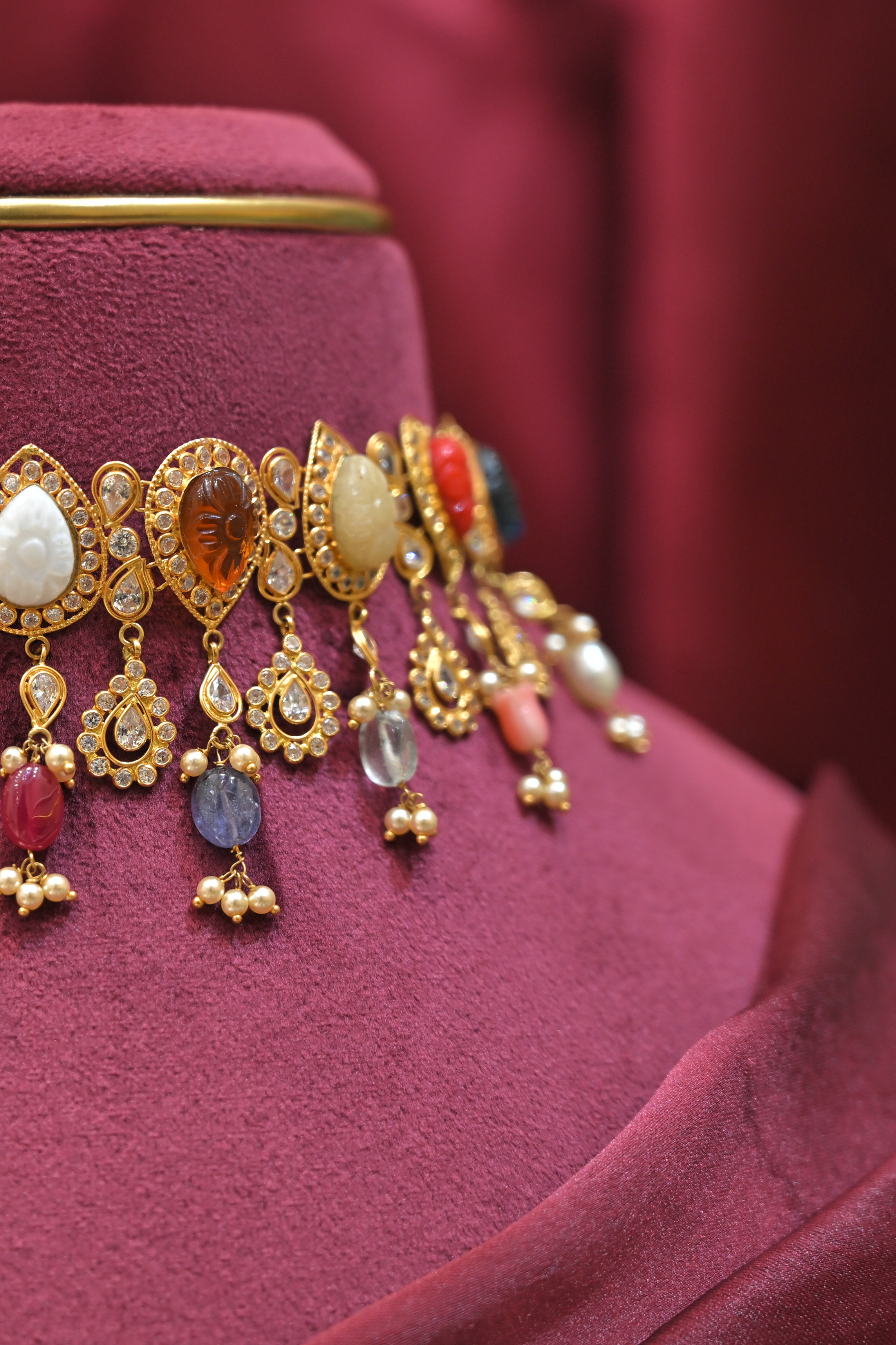 Multicolor Gem Motif Statement Choker Necklace with Dangling Charms