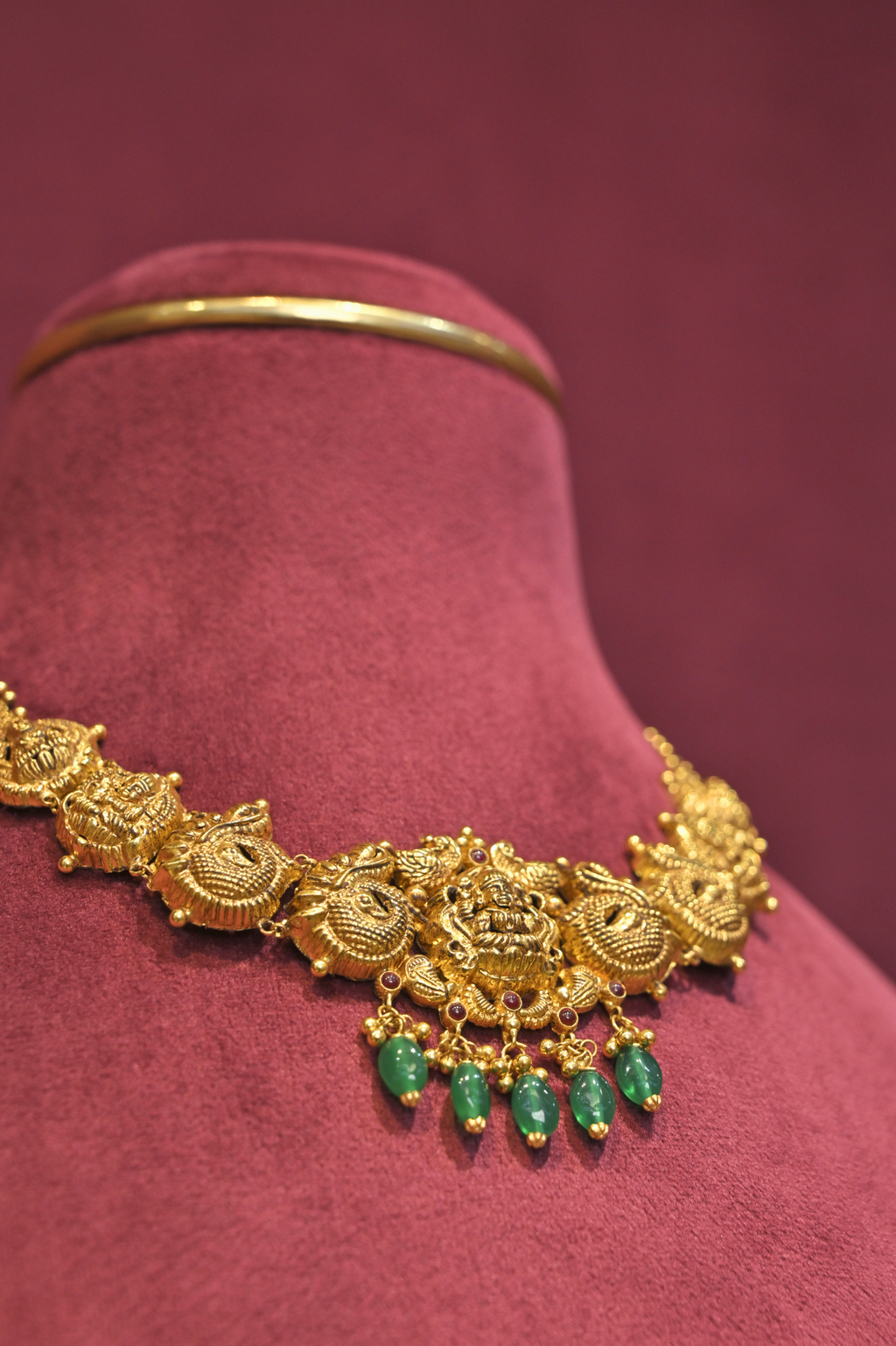 Lakshmi Temple Necklace with Emerald Bead Drops