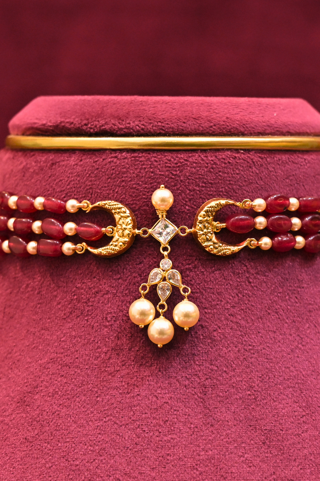 Ruby Beaded Crescent Motif Choker Necklace