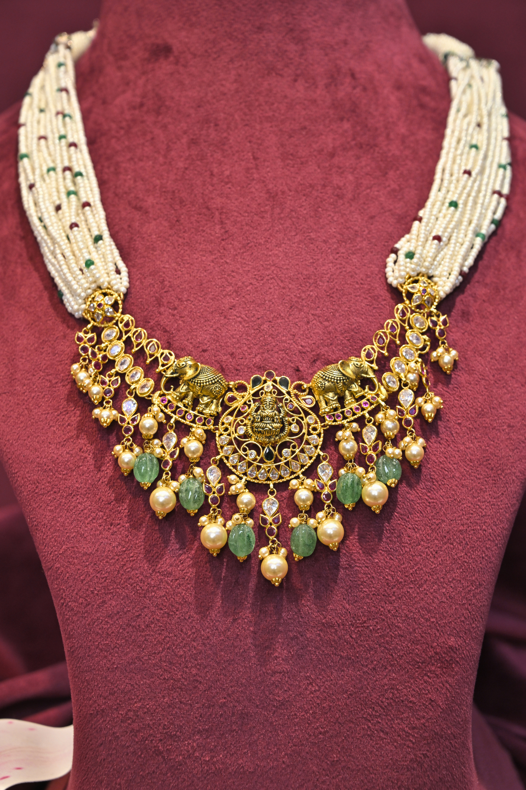 Lakshmi Pearl Multi-Strand Kundan Necklace with Emerald Drops