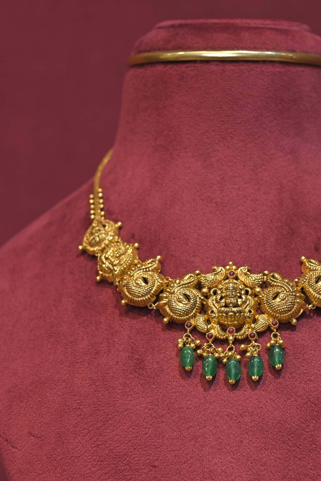Lakshmi Temple Necklace with Emerald Bead Drops