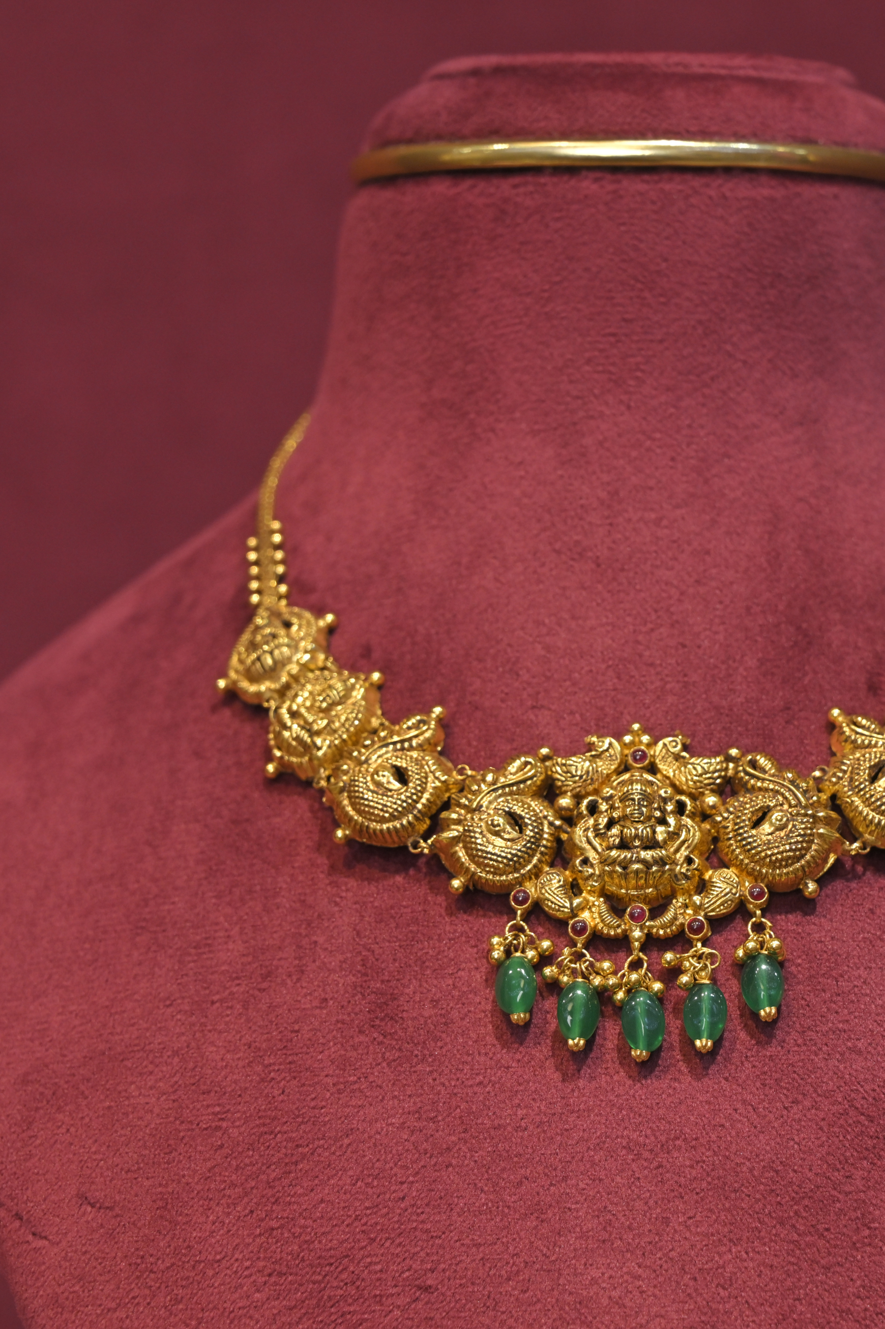 Lakshmi Temple Necklace with Emerald Bead Drops