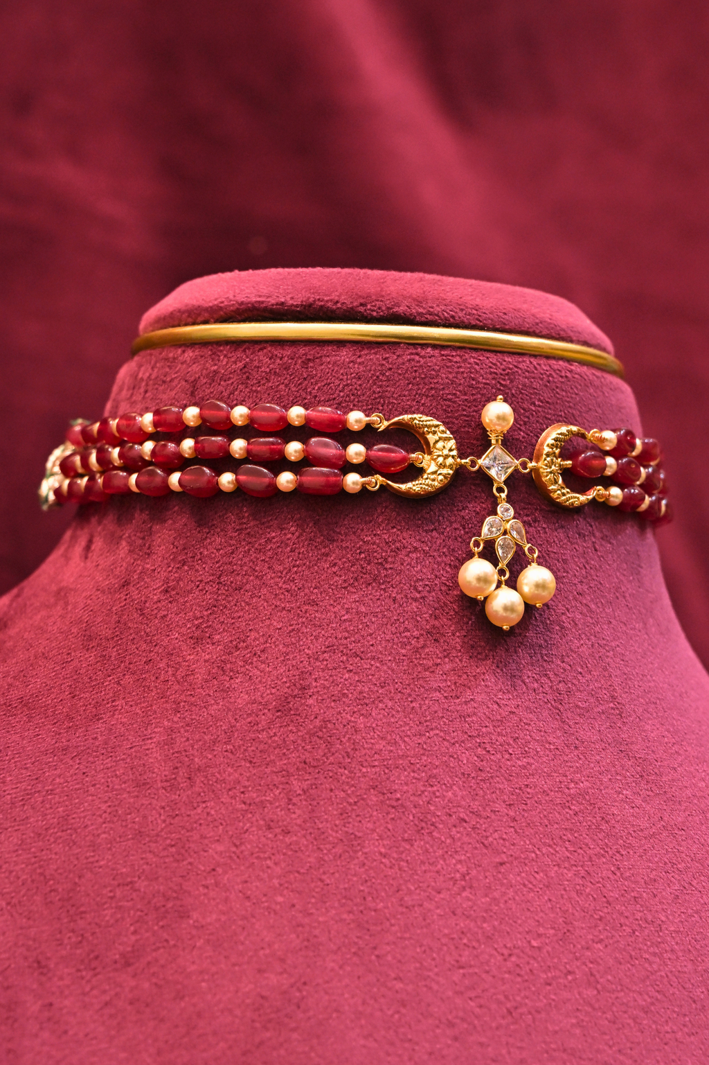 Ruby Beaded Crescent Motif Choker Necklace