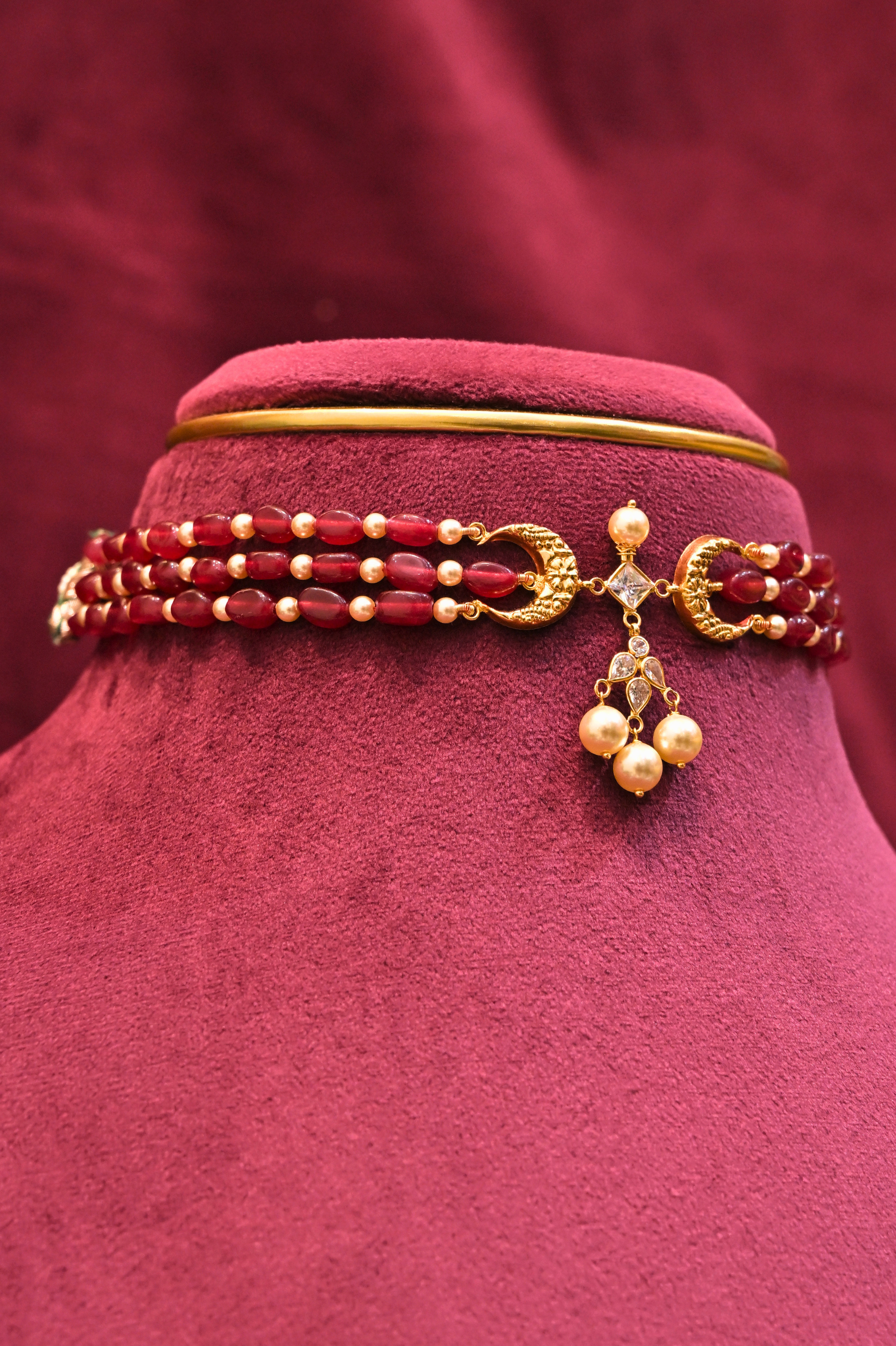 Ruby Beaded Crescent Motif Choker Necklace