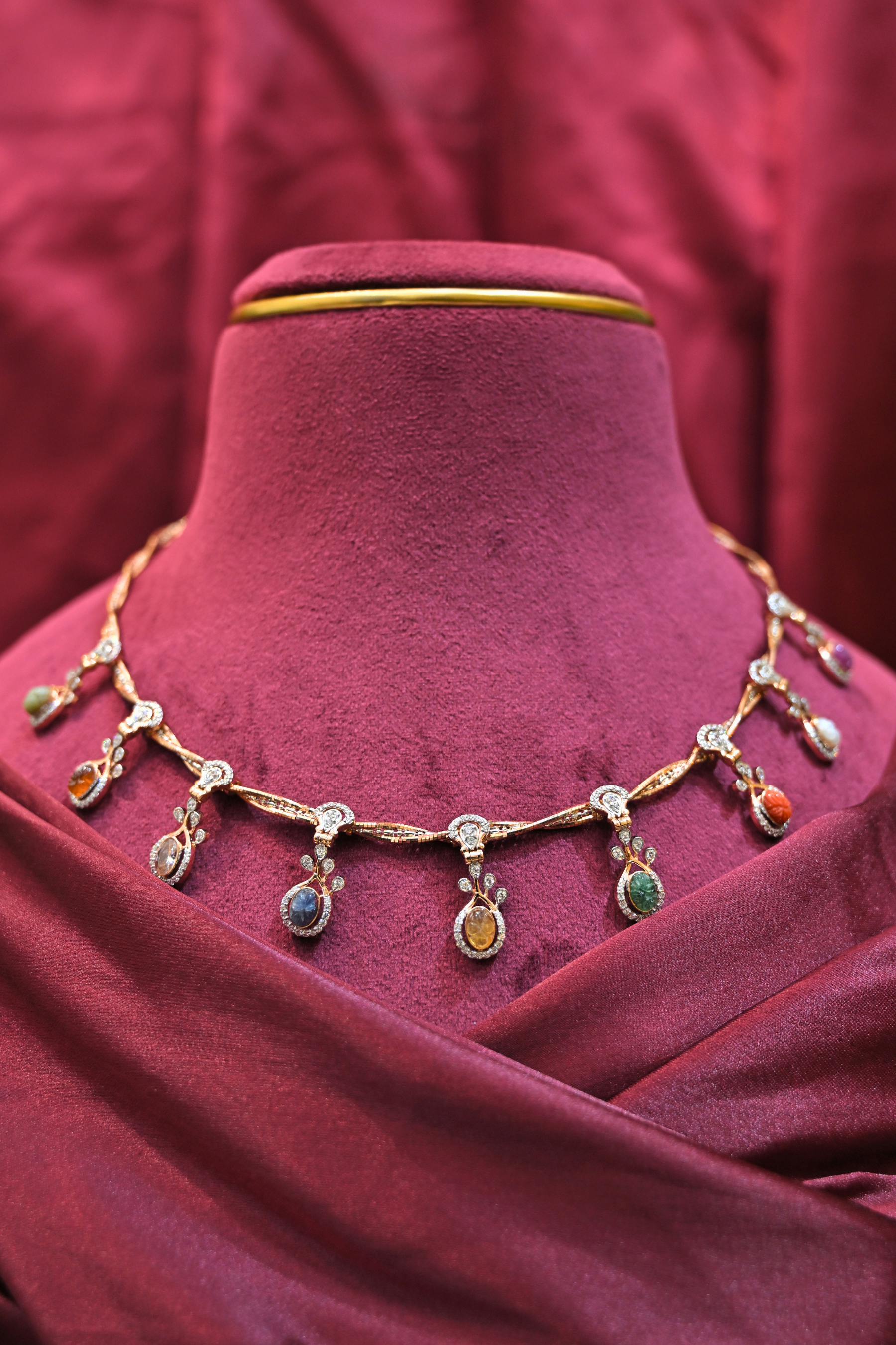 Multicolor Gem Drop Designer Necklace with Dangling Charms
