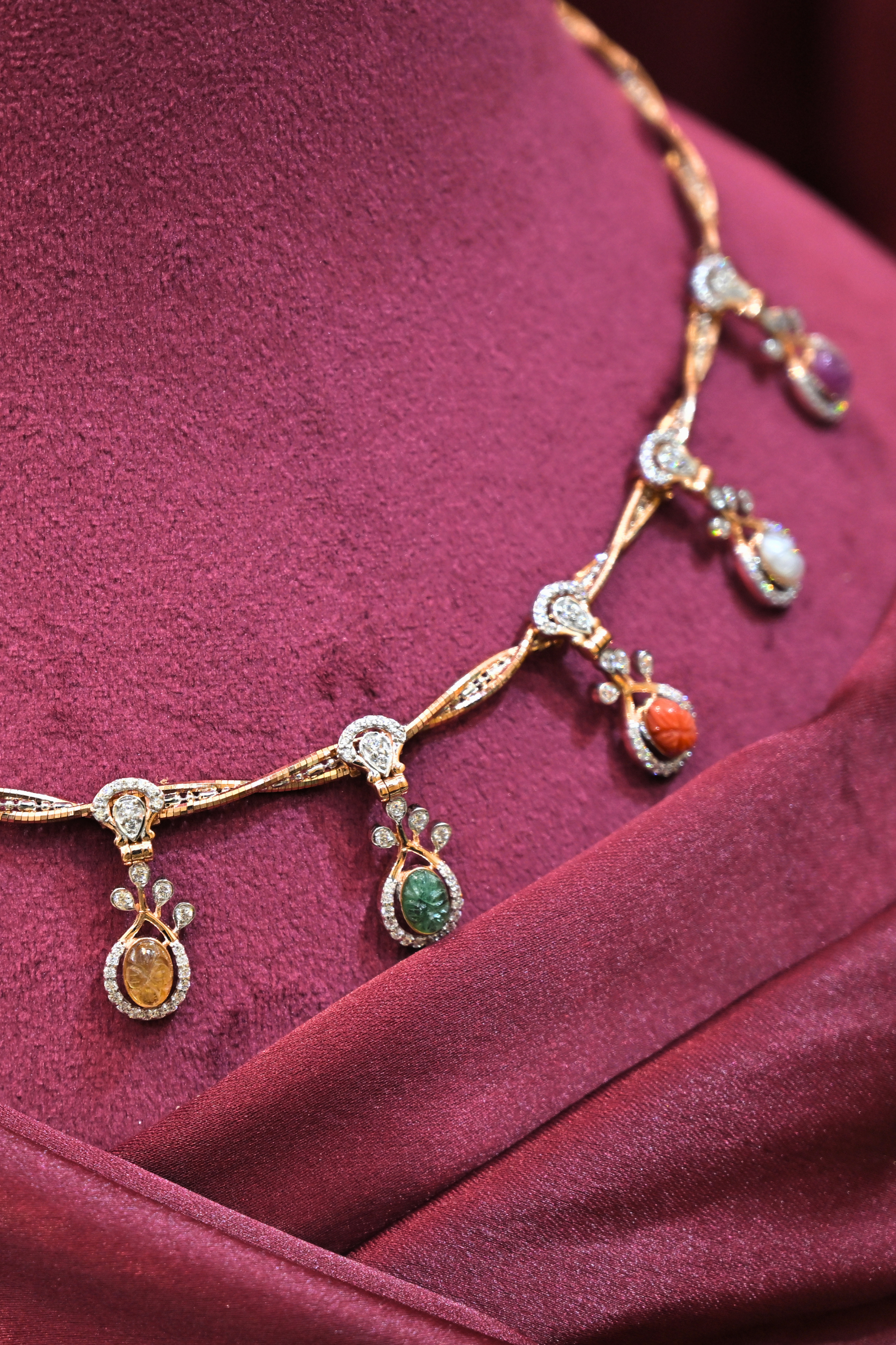 Multicolor Gem Drop Designer Necklace with Dangling Charms
