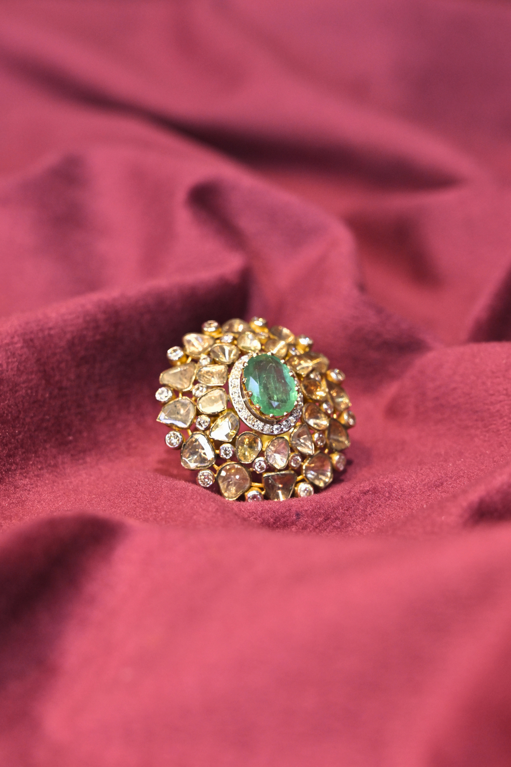 Emerald Green Statement Cocktail Ring with Polki-Inspired Halo Design