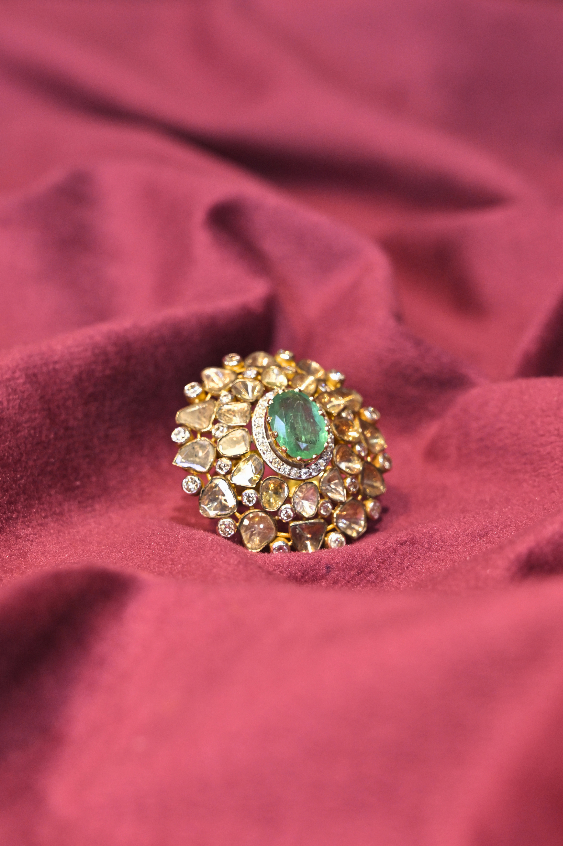 Emerald Green Statement Cocktail Ring with Polki-Inspired Halo Design