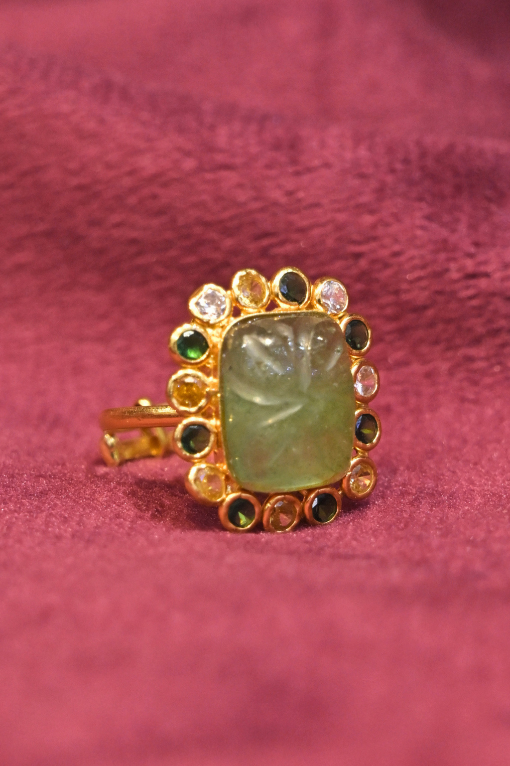 Green Carved Center Stone Halo Designer Ring