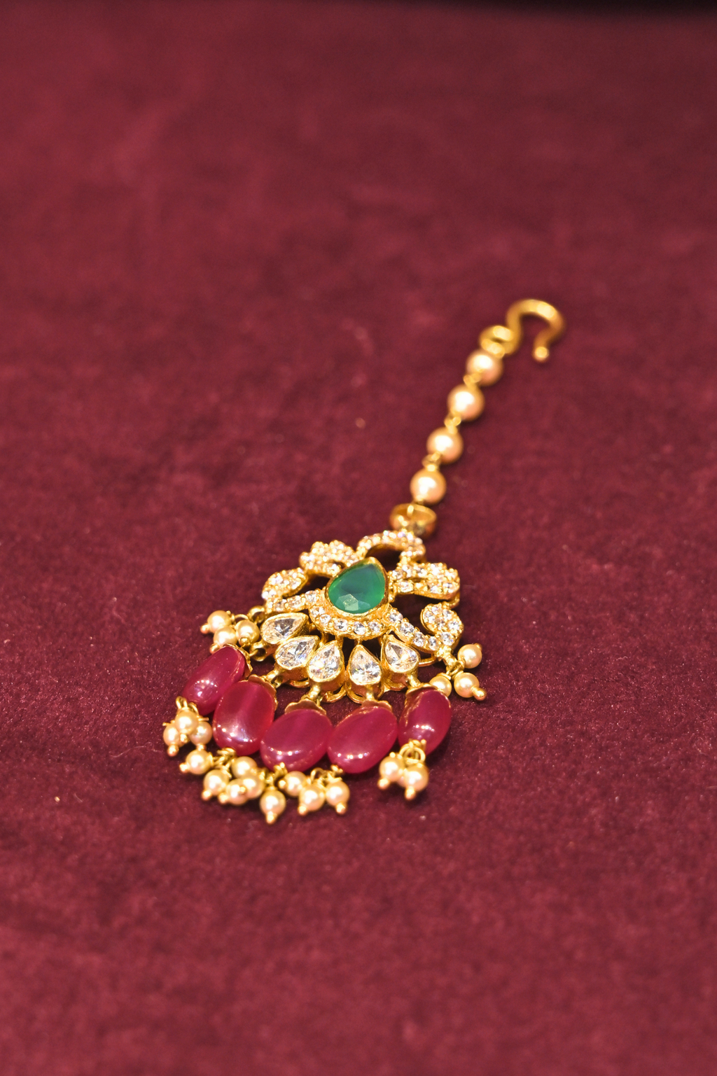 Emerald Green Teardrop Maang Tikka with Ruby Bead Drops