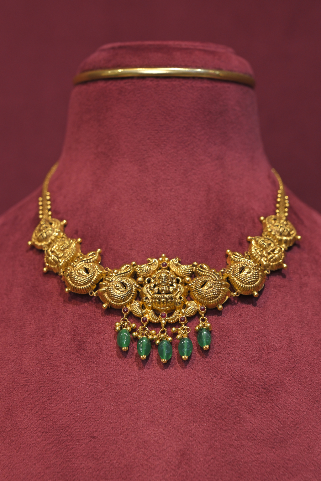 Lakshmi Temple Necklace with Emerald Bead Drops