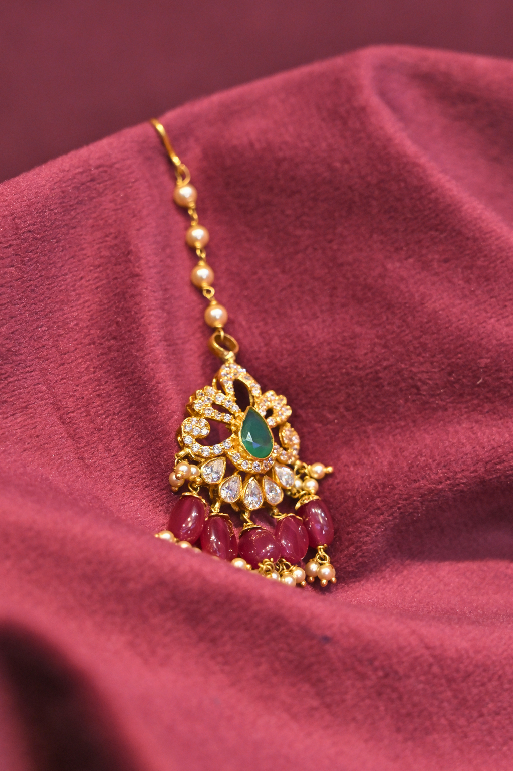 Emerald Green Teardrop Maang Tikka with Ruby Bead Drops