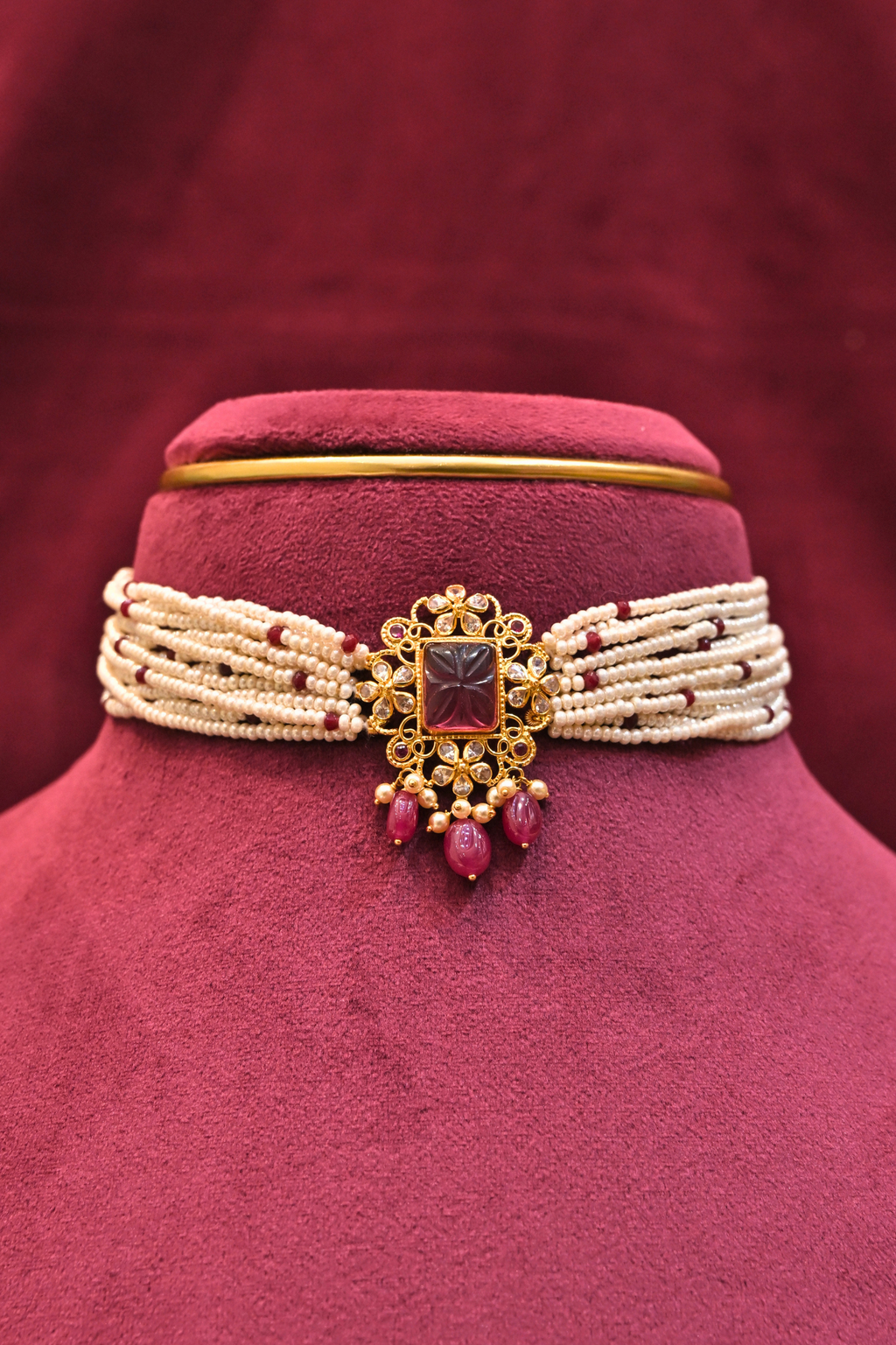 Pearl Strand Choker with Ruby-Inspired Floral Pendant