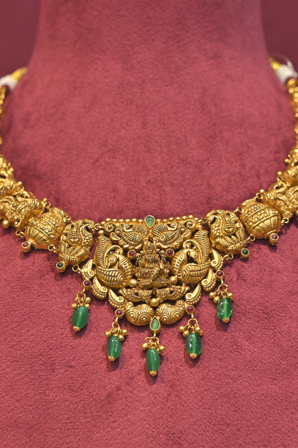 Mahalakshmi Peacock Temple Necklace with Emerald Drops