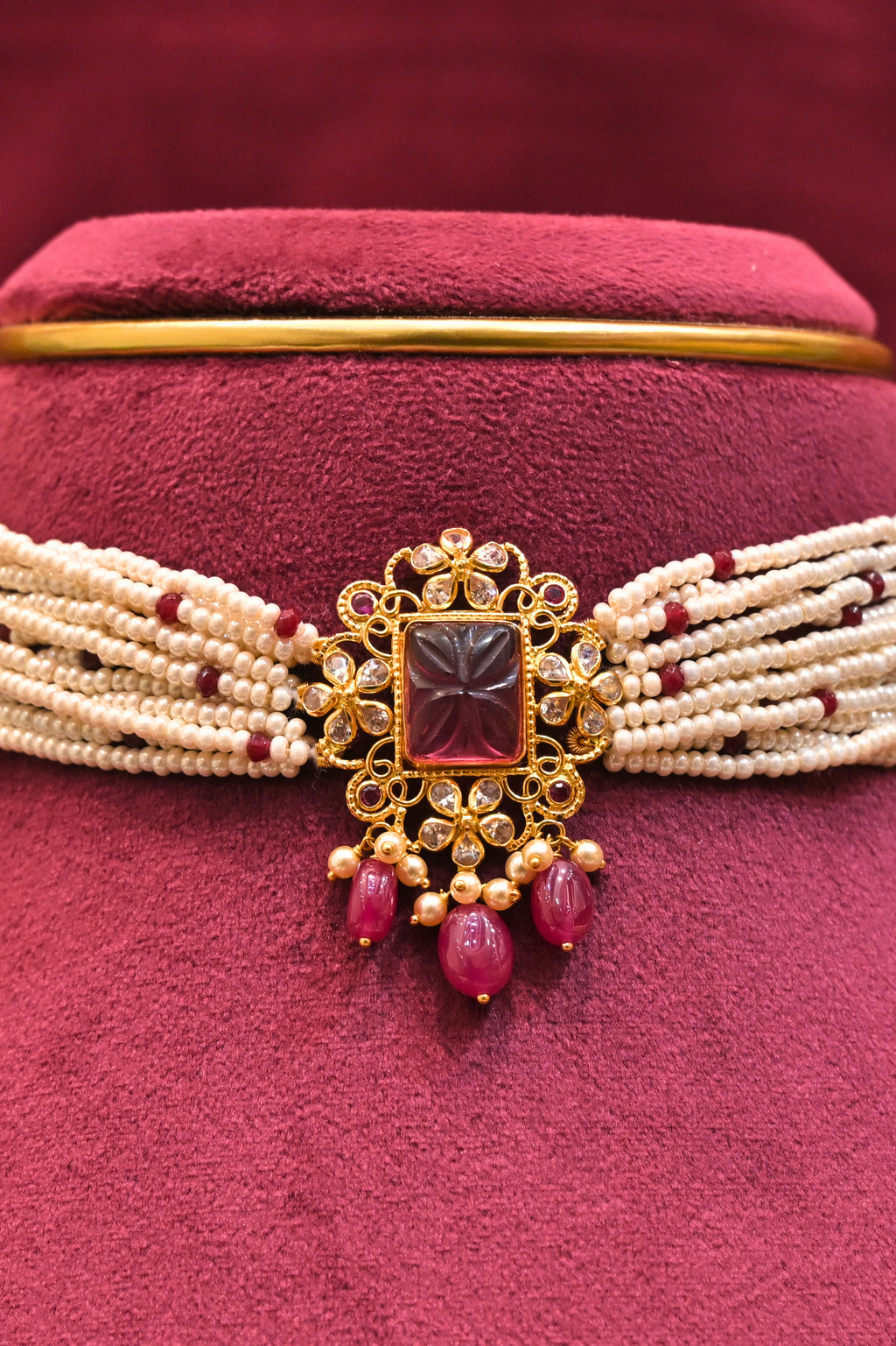 Pearl Strand Choker with Ruby-Inspired Floral Pendant