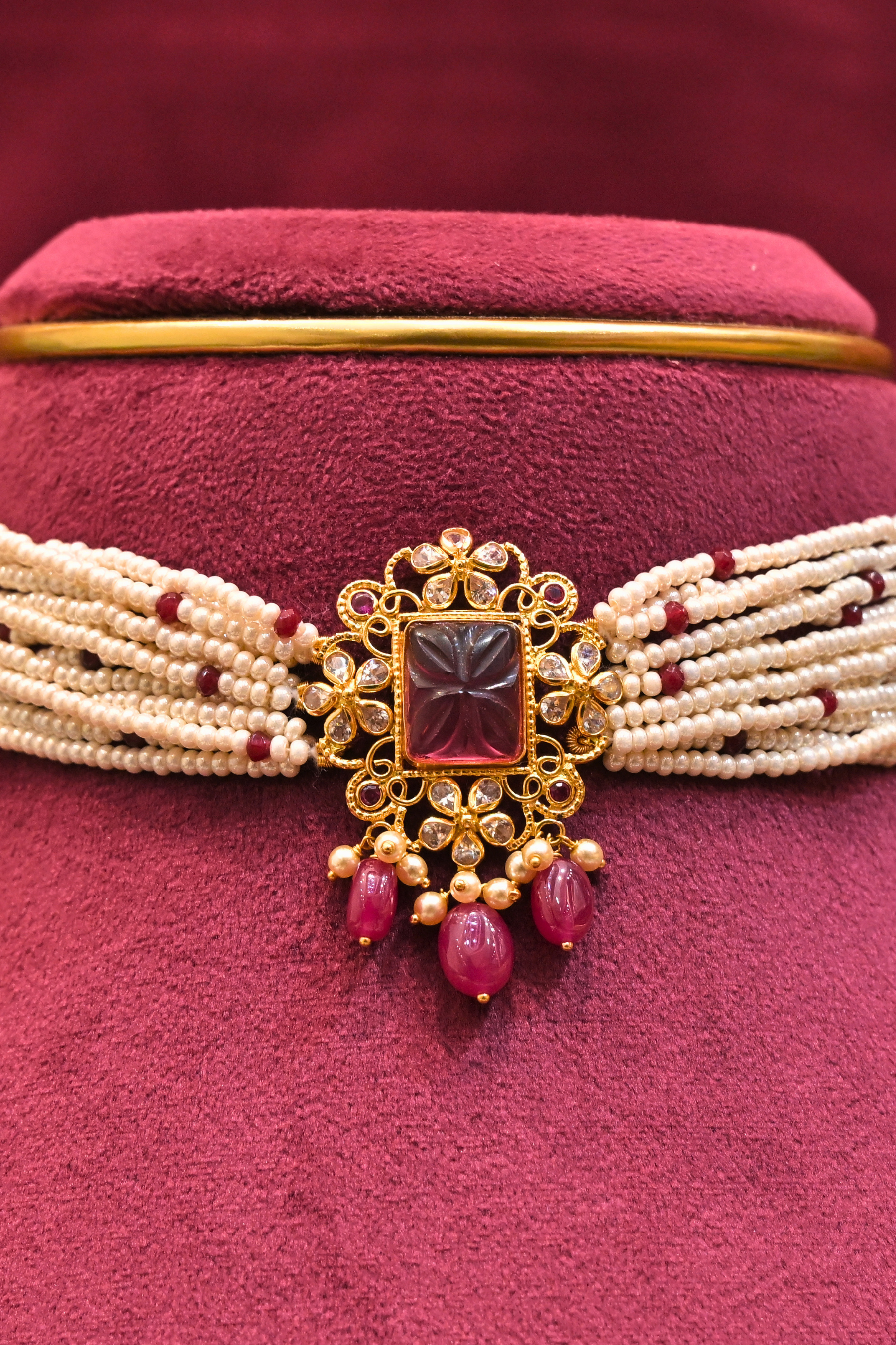 Pearl Strand Choker with Ruby-Inspired Floral Pendant